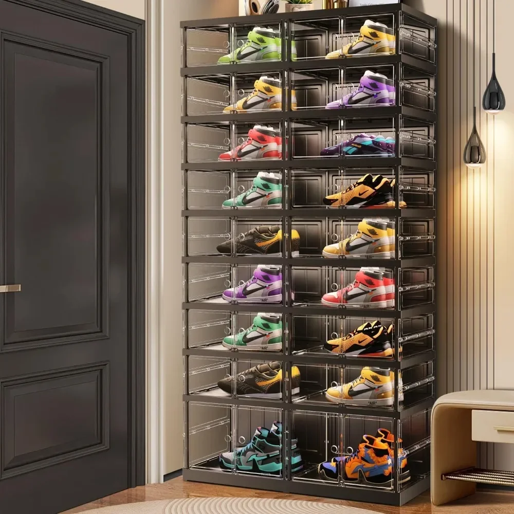 9-Tier Foldable Shoe Rack for Closet Entryway ,Stackable Clear Storage Boxes Organizer with Door Plastic  Large Black