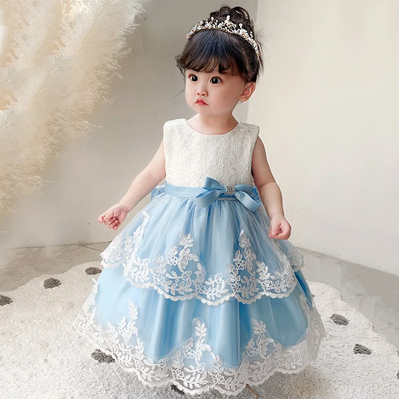 Lovely Lace Printing Layered Bow Princess Flower Girl Dress Wedding Party Ball First Communion Dresses Dream Kids Birthday Gift