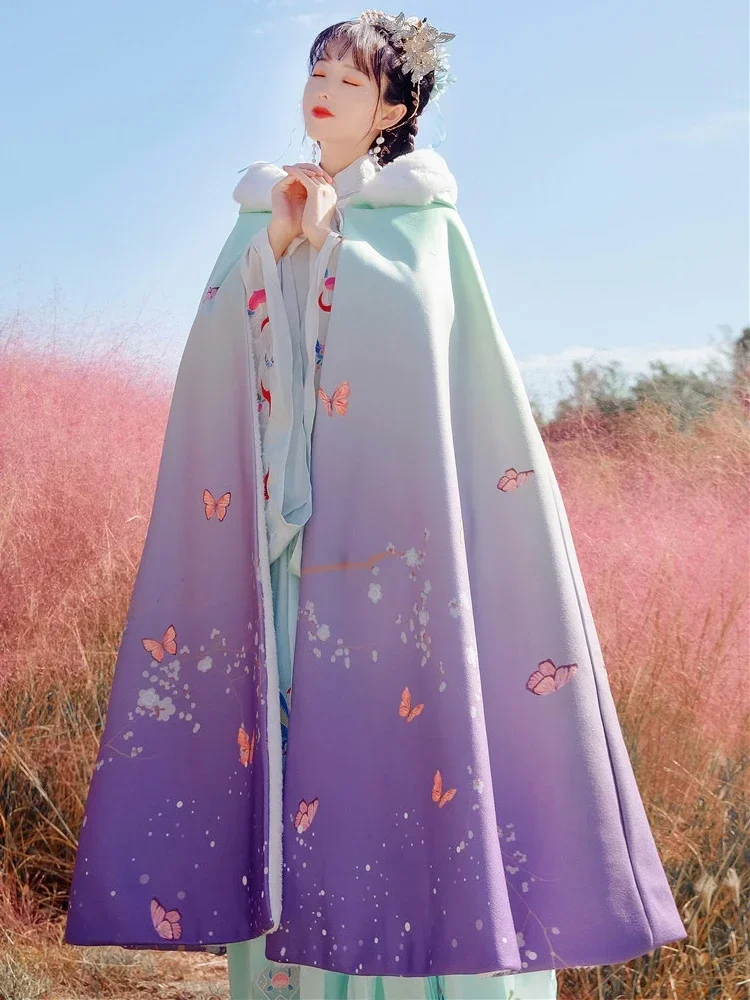 

Women Hanfu Autumn Winter Cloak Chinese Style Ancient Traditional Butterfly Print Hooded Cape Vintage Princess Overcoat