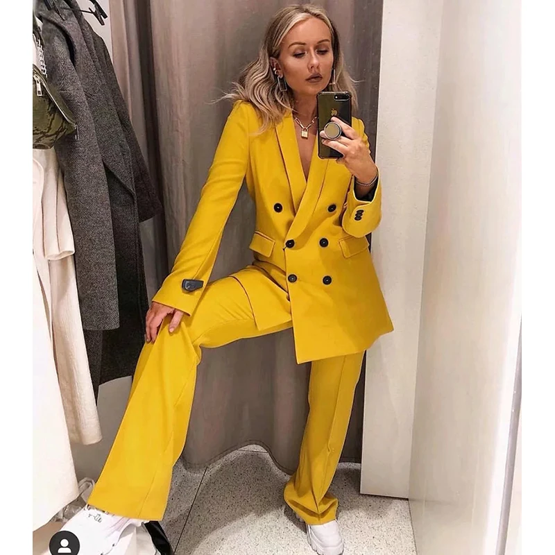 

2023 Women's Temperament Double Breasted Coat Solid Color+Slim Fit High Waist Straight Sleeve Suit Pants Two Piece Set Spring