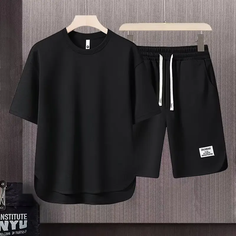 Summer Men\'s Waffle Short Sleeve T-shirt And Short Pants Sets Breathable Cool Shorts Two Piece Set Men Printing Tracksuits