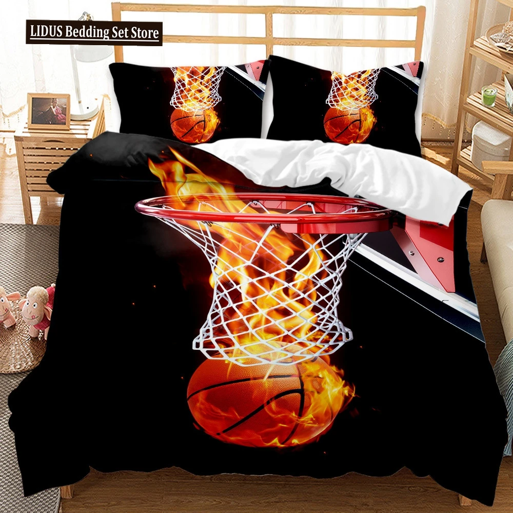 

Basketball Duvet Cover Set Twin Size Sports Basketball Fire Pattern Twin Bedding Set Microfiber Quilt Cover For Boys And Teens