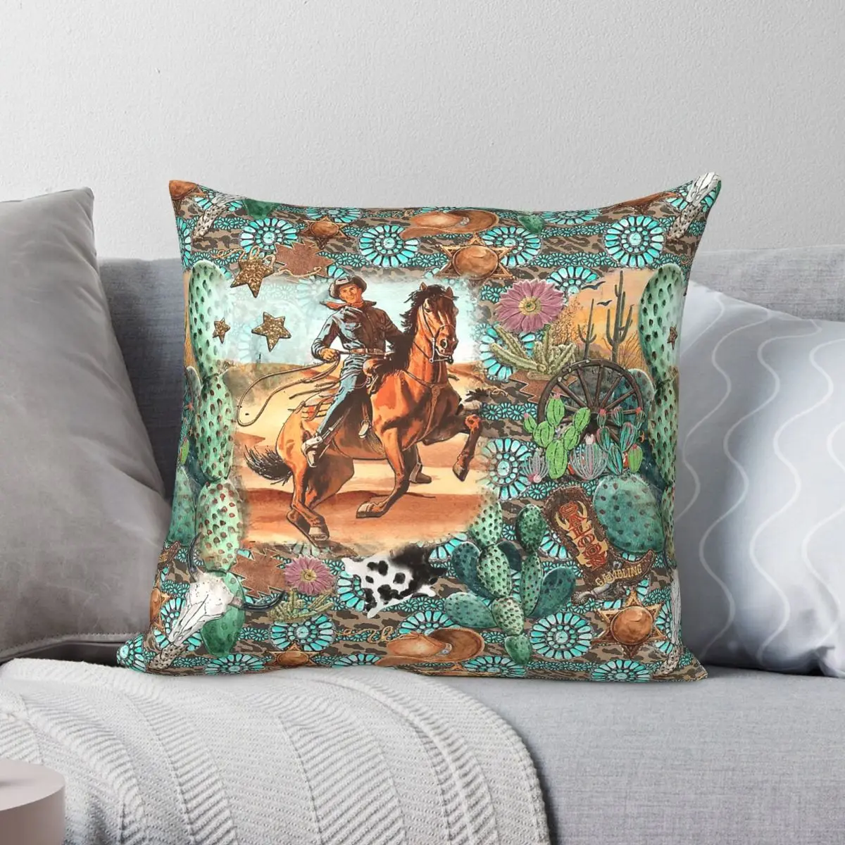 Cowboy Jewelry Cactus Cowhide Square Pillowcase Polyester Linen Velvet Printed Decorative Pillow Case Room Cushion Cover 45x45