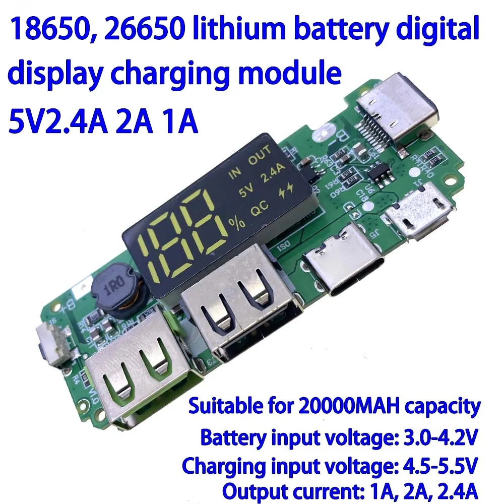 

18650 26650 lithium battery digital display charging module 5V2.4A 2A 1A dual USB output 3.7V/4.2V with display boost module