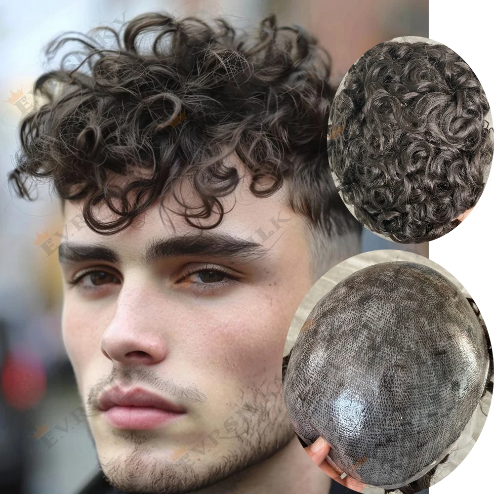 شعري طبيعي 20 مللي متر مجعد سوبر دائم كامل بولي Base قاعدة Microskin رجالي شعر مستعار شقراء رمادي أسود شعر الإنسان كابيلر شعر مستعار اصطناعي #1