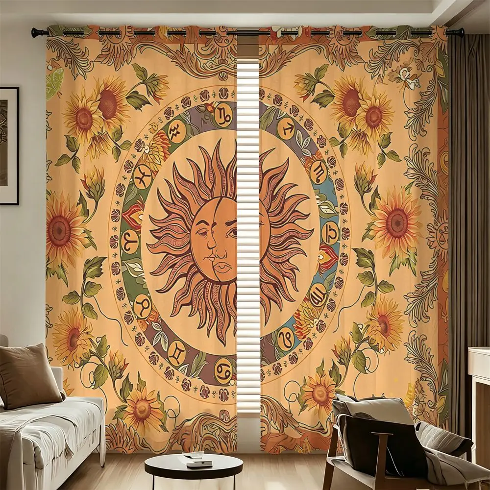 2 Panels Sun And Sunflower Printed Curtains Vintage Zodiac Pattern Blackout Curtains For Bedroom Living Room Window Home Decor