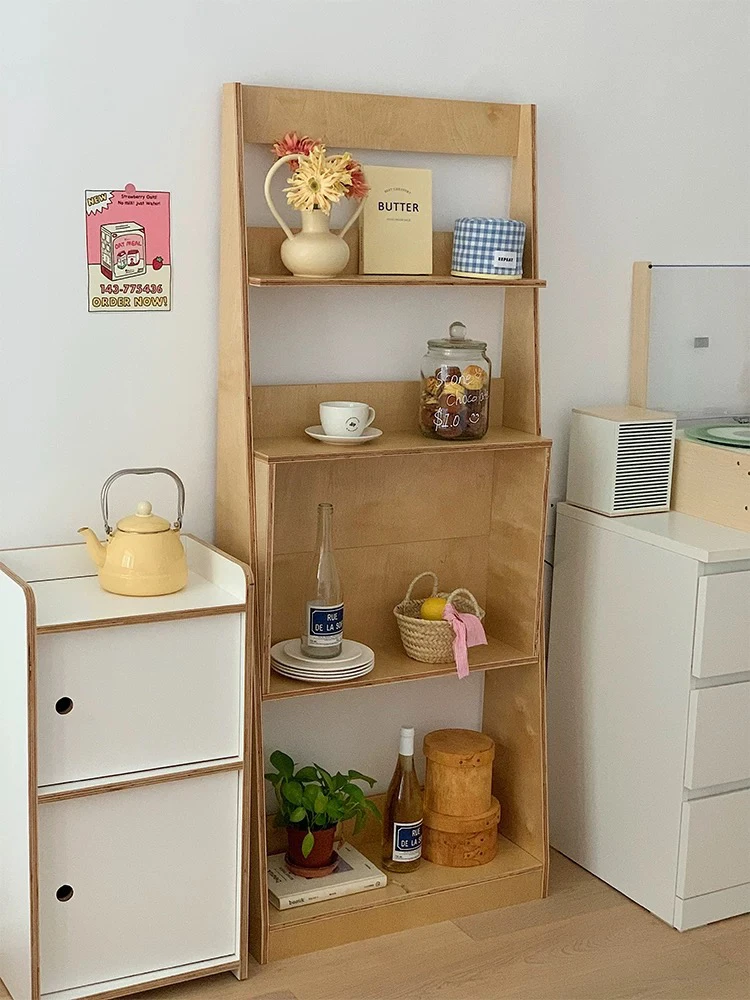 Ins Korean medieval shelf floor-to-ceiling bookshelf marine board retro wall simple bookcase display cabinet