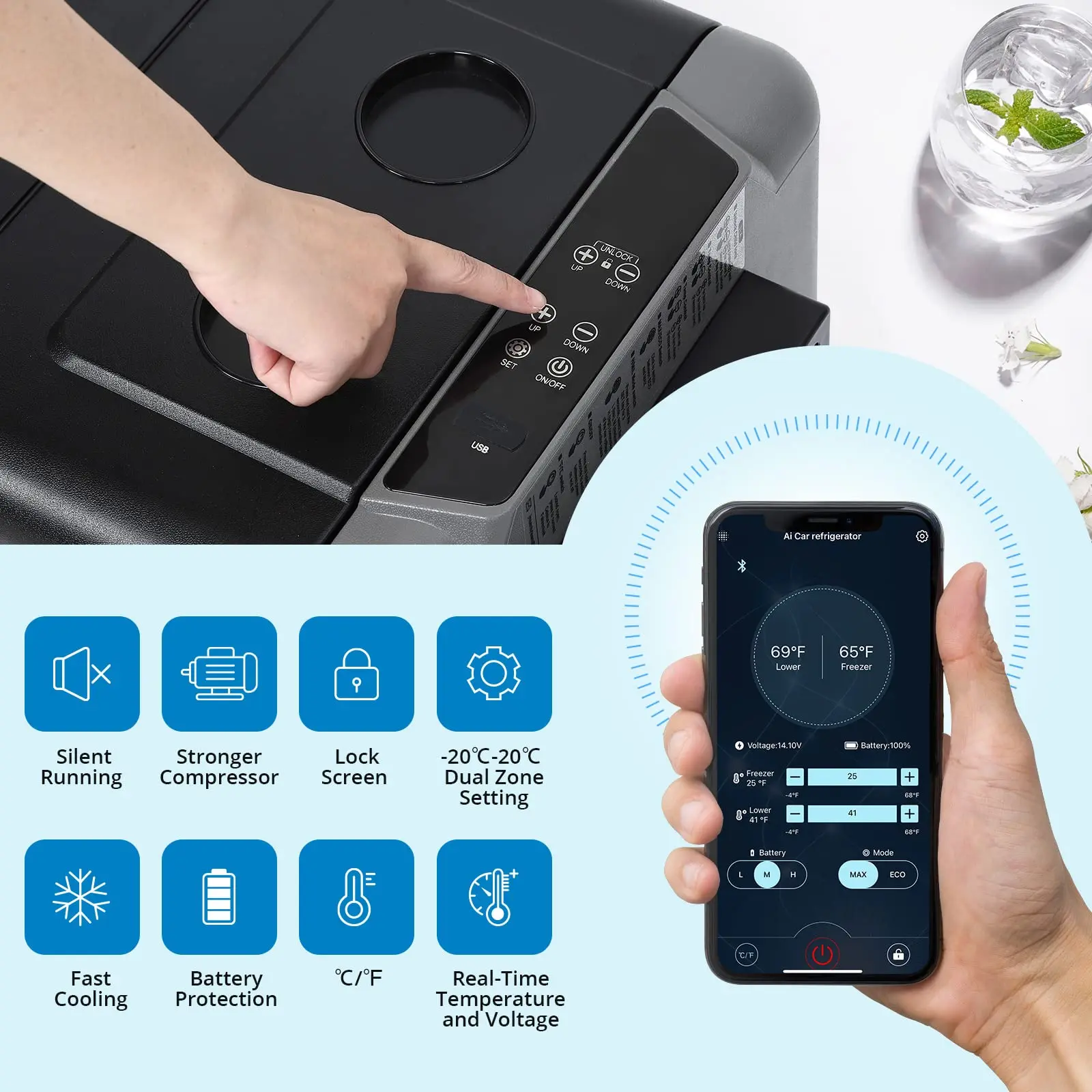 ตู้เย็นแบบพกพา, ตู้เย็นควบคุมแอปโซนคู่, 37 QUART (35L) -4 ℉-68 ℉ 12/24V DC และ110-240V AC, เครื่องทำความเย็นคอมเพรสเซอร์ตู้แช่แข็ง