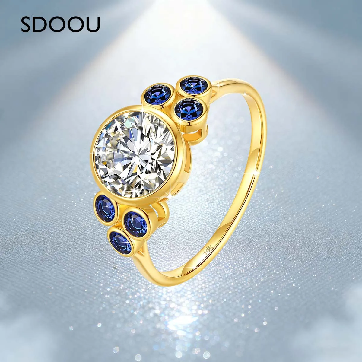 

SDOOU 14k Gold Moissanite Rings 2ct Round Cut Blue Corundum For Women BIRTHDAY Wedding Engagement Jewelry Sparkle Brilliant Gift
