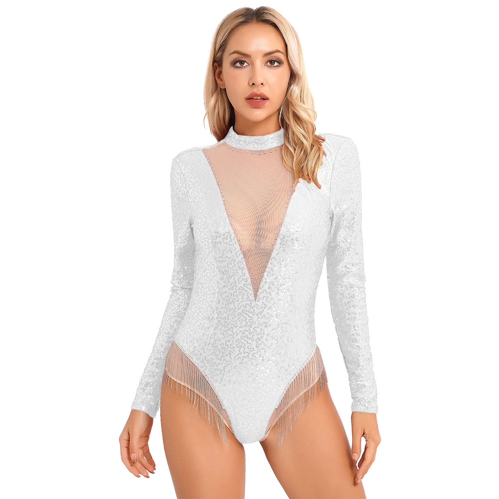 Women Latin Dance Leotard Jazz Cha-cha Skating Performance Costume Long Sleeve Shiny Sequin Tassel Sheer Mesh Patchwork Bodysuit