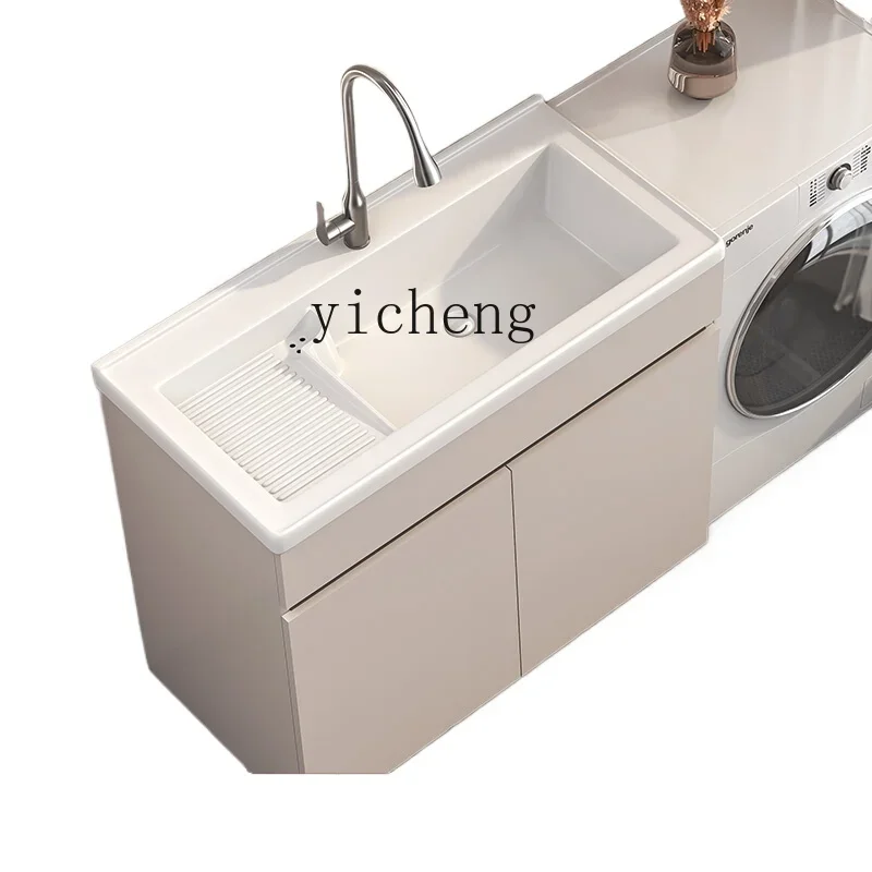 TQH Laundry Cabinet Integrated Cabinet Combination Balcony Ceramic Laundry Pool Basin Household Laundry Basin with Rubbing Board