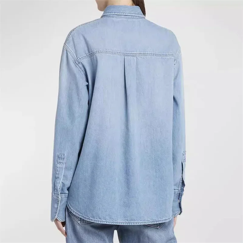 Women's blouse 2024 Spring New Retro Washed Women's Shirts Pure cotton denim long sleeved top Thin coat with sequin decoration