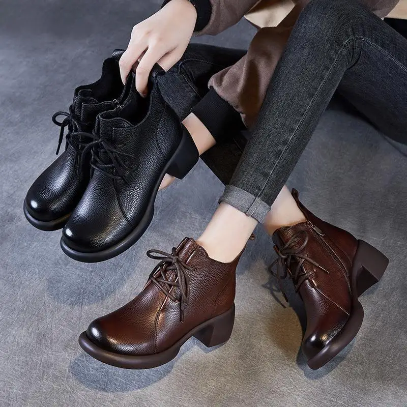 

Handmade Vintage Leather Mid-Calf Short Boots Style Women's Shoes Retro Knot Rubber Sole Winter High Heels Fashion Boots