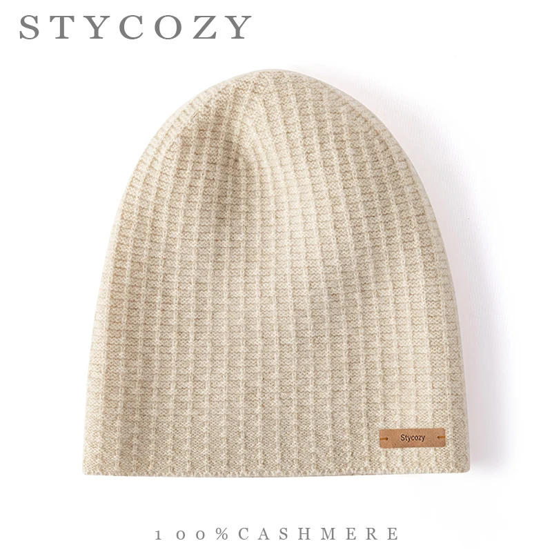 Unisex 100%Cashmere Fine Waffle Knitted Slouchy Beanie Solid Color Soft Cozy Warm Grid Winter Hat Women Daily Casual Skull Cap