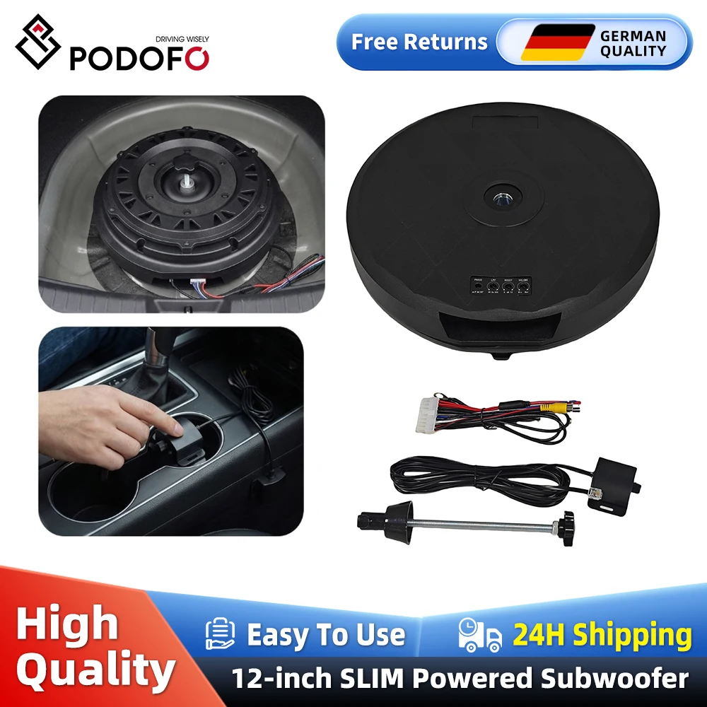 Podofo 12-inch SLIM actieve subwoofer behuizing en audiokabel 800w auto subwoofer past in reservewiel
