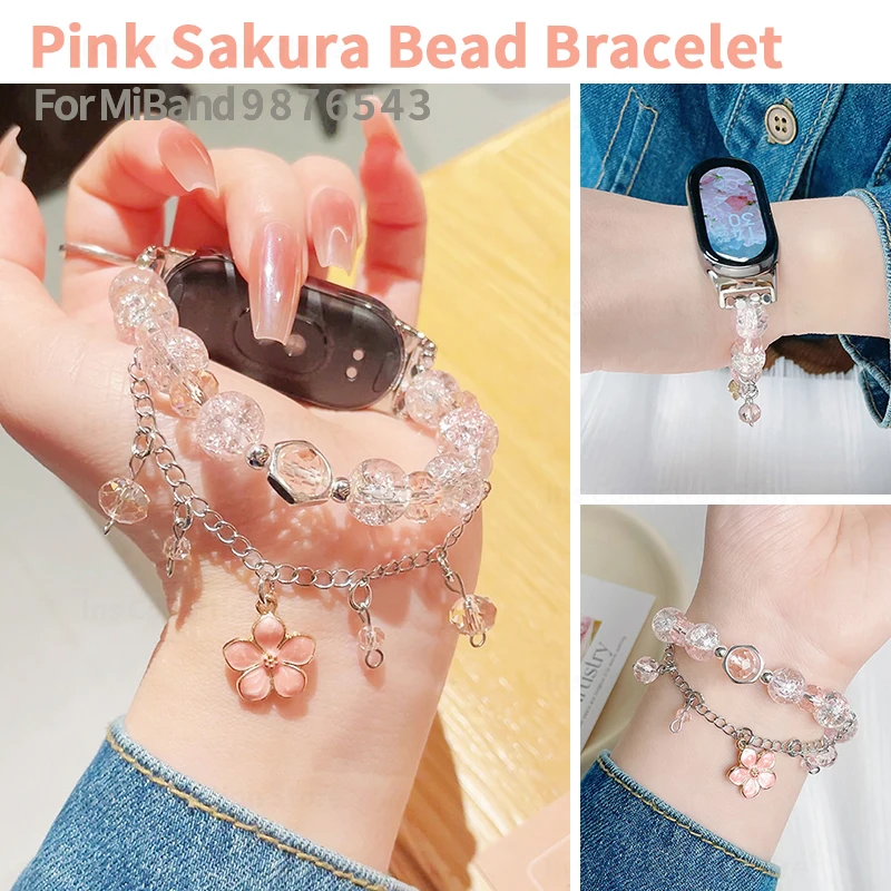 

Pink Sakura Bead Bracelet for Xiaomi Mi Band 7 8 9 Women Elastic Strap for Miband 6 5 4 Replacement Watchband Smart Accessories