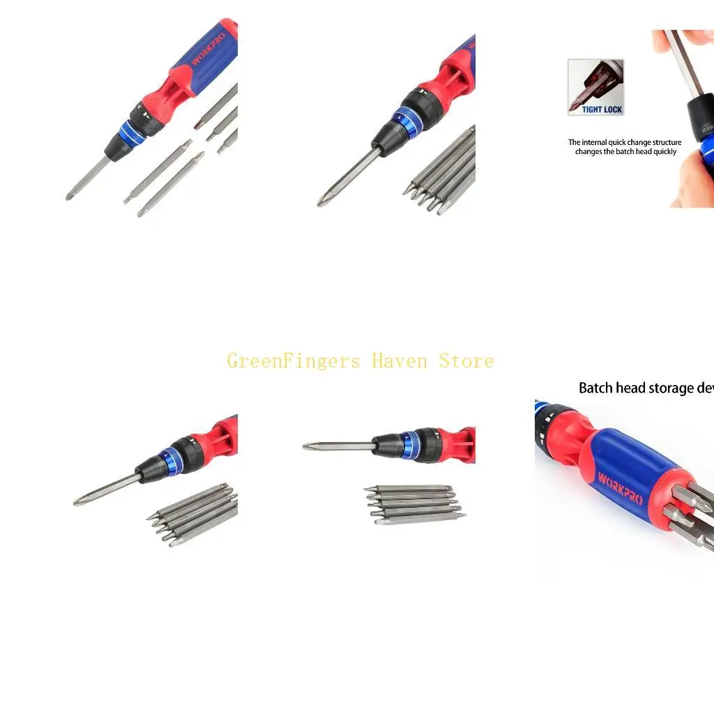 F68D Secure Grip Screwdriver Set with Ratcheting Mechanism, 12 in 1 Double Ended Heads and Forward Reverse Action for Home