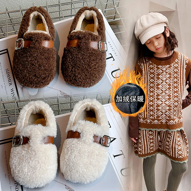 

Новинка 2023 года, зимняя детская обувь, пушистая хлопковая обувь для девочек, нескользящая детская модная простая плюшевая обувь с мягкой подошвой, трендовая универсальная обувь