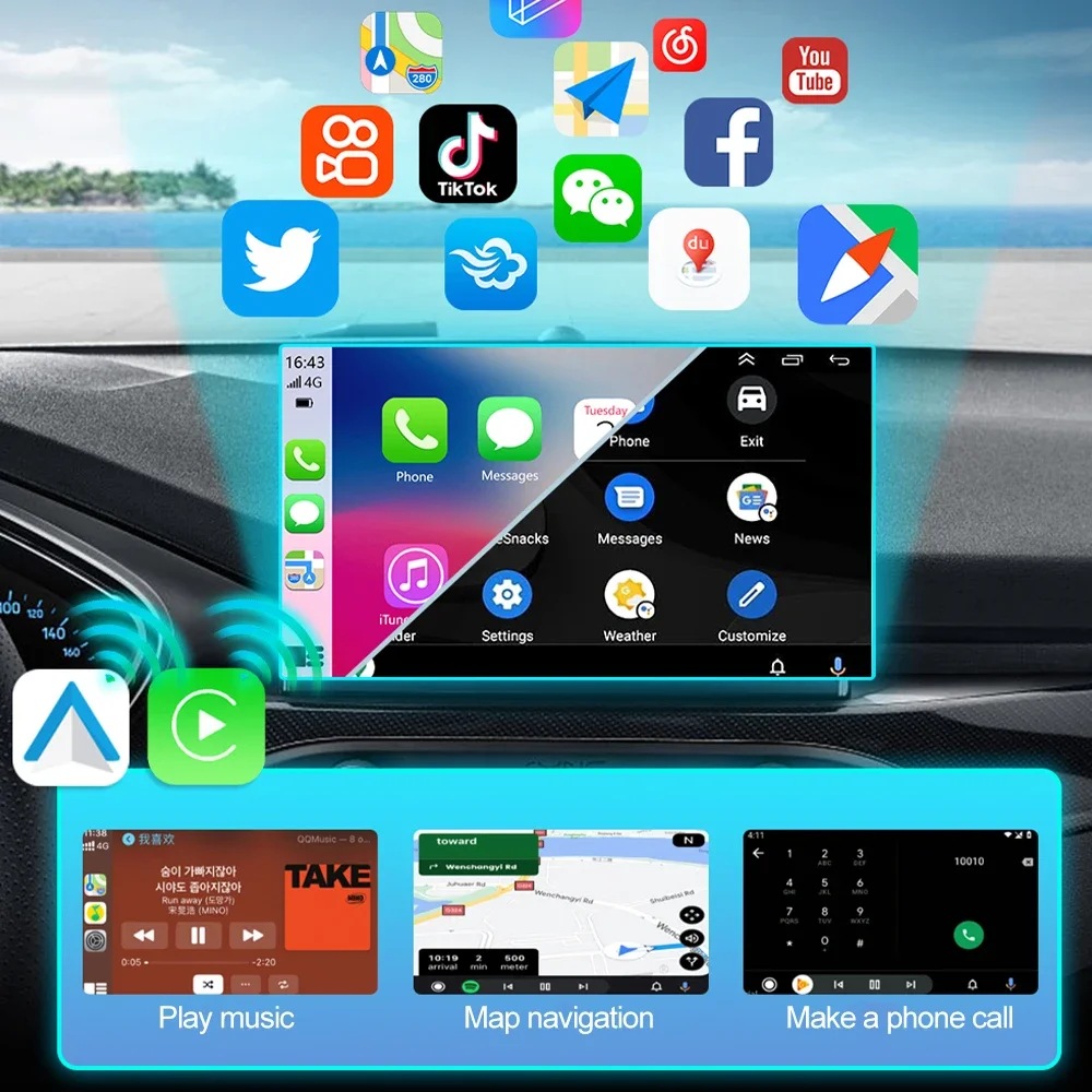 Kebidumei 2w1 bezprzewodowy CarPlay i Android Auto adapter przewodowy na bezprzewodowy inteligentny klucz USB USB i podwójne złącze typu C szybkie