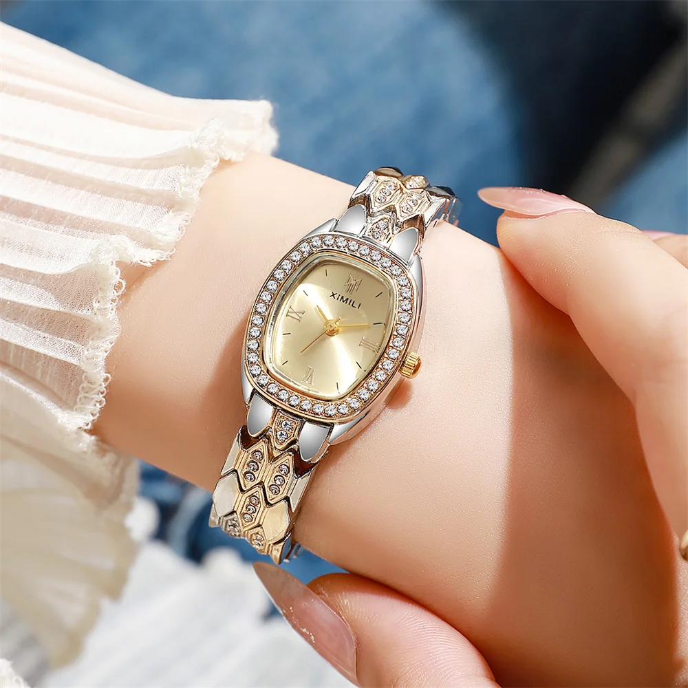 Fashionable Ladies Gold Quartz Watch Simple Roman Oval Design Casual Bracelet Women's Dress Gift Wristwatch
