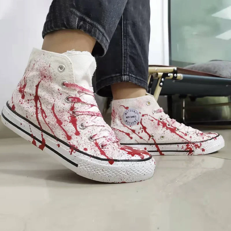 Unisex Males Graffiti Fake Blood-stained Canvas Sneakers High top Red stylish Vulcan Boots