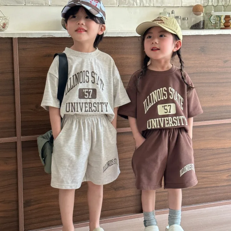

White Coffee Letter Print O-neck Short Sleeve T-shirt and Shorts Family Children Outfits Summer Baby Boy Girl Sports Sets Cotton
