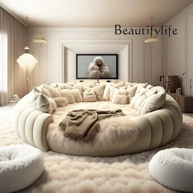 Fabric round Bed Cream Style Double Marriage Bed Modern Simple Home Master Bedroom Princess Large round Bed