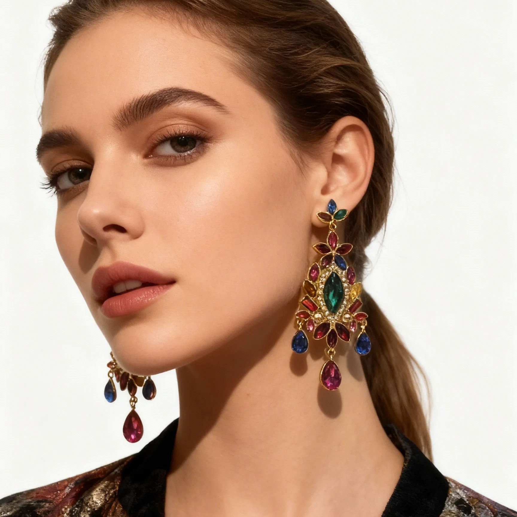 Cross-border diamond-encrusted flower water drop earrings light luxury high-end stud earrings court style shining colored diamon