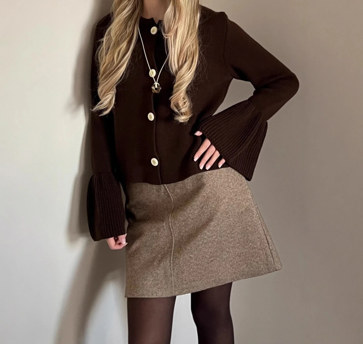 Strickjacke mit Hornärmeln, Frühling und Herbst, Rundhalsausschnitt, einfarbig, langärmelig, lockerer und schlankmachender Damenpullover