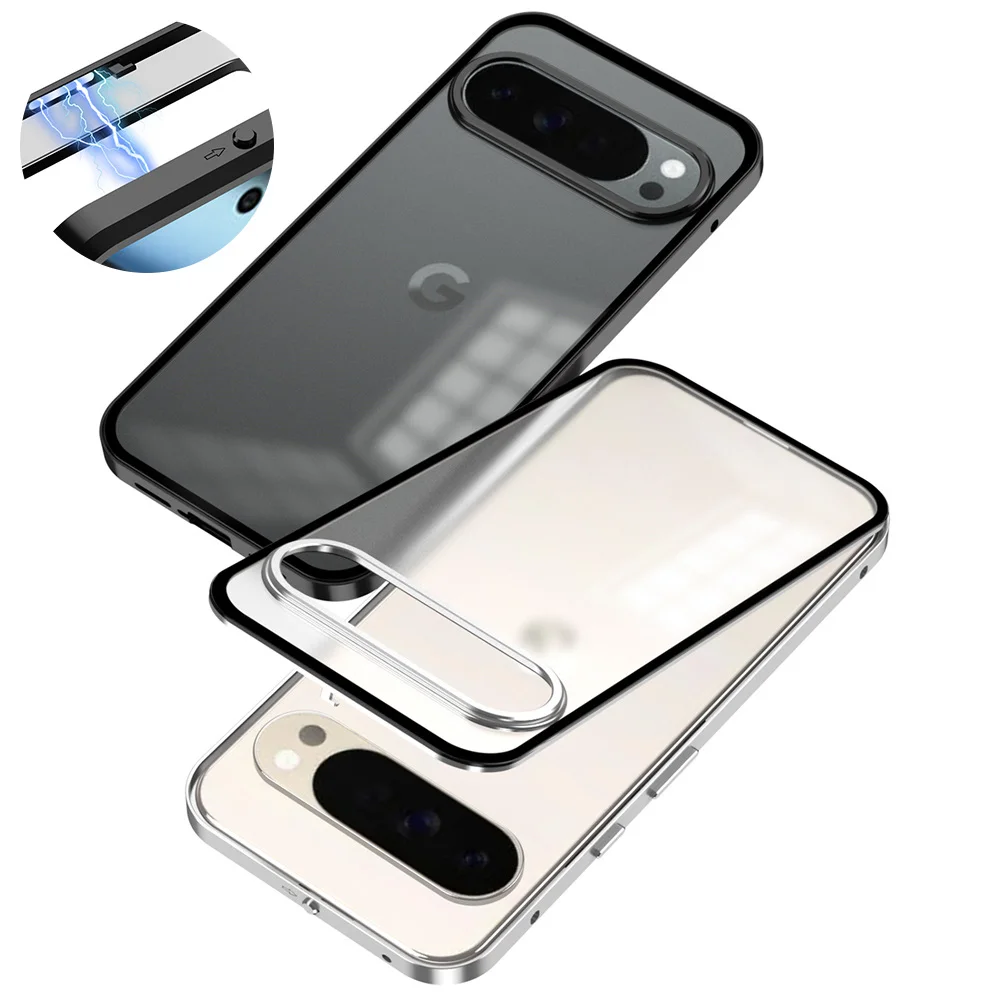 Coque de téléphone transparente avec cadre en alliage d'aluminium, verrouillage de luxe, pour Google Pixel 9 10 Pro XL 9A 8 8A 7 7A, couverture givrée anti-empreintes digitales