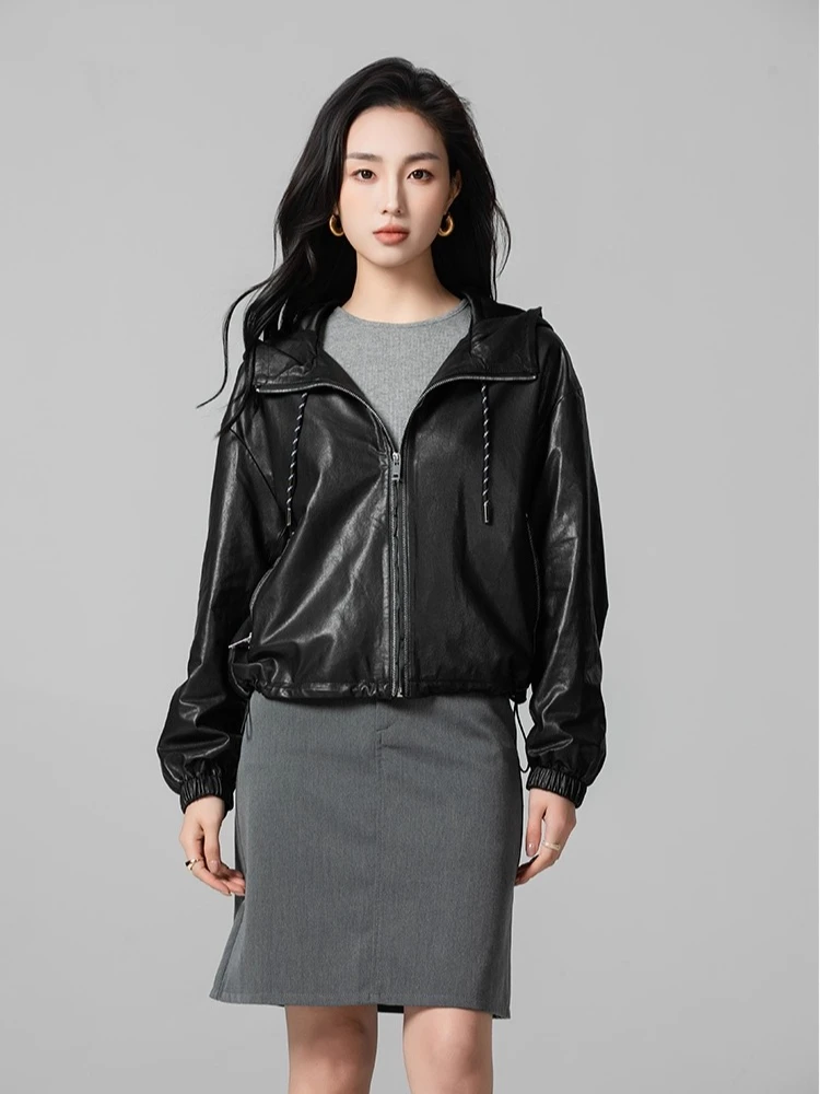 

Casual Hooded Genuine Leather Jackets for Women Spring Autumn 2026 New High-end Simple Soft Black Short Real Sheepskin Coat