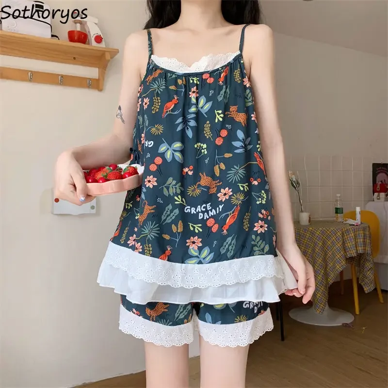 Vintage Lace M-4XL Pajama Sets Women Summer Thin Hot Sale Sleepwear Popular Loose Elegant Sexy Fashion Comfortable Sleeveless