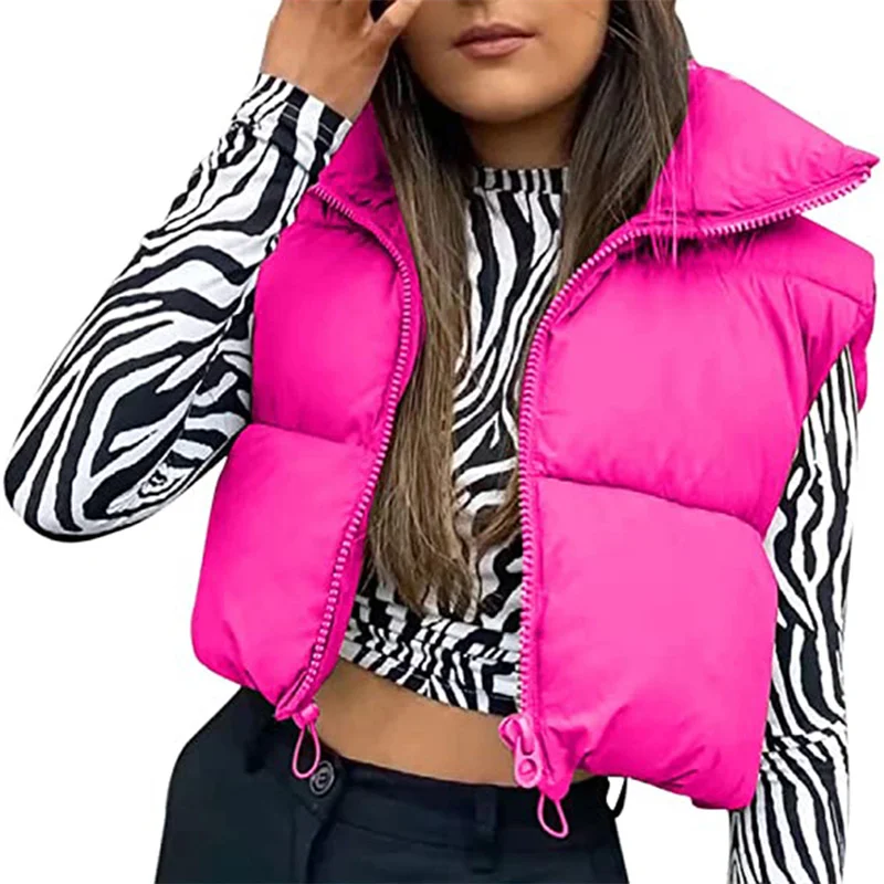 Women Winter Warm Solid Color Crop Waistcoat Sleeveless Stand Collar Double Sided Lightweight Puffer Vest 2022 Streetwear