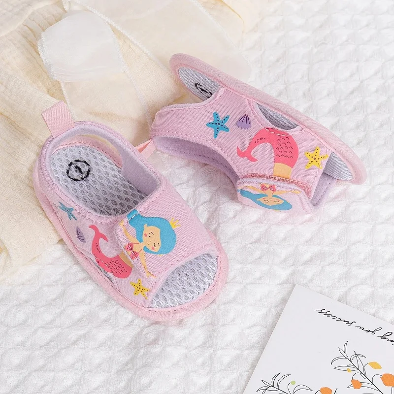 Baby Learning Walk Shoes, Cute Mermaid Print Sandals, Soft Breathable Footwear for Newborn Infants 0-18M