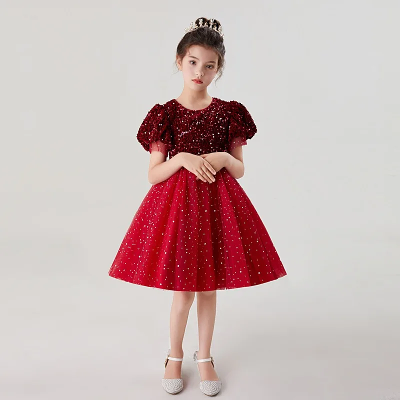 2023 Girls Autumn Long Sleeve Sequin Mesh Ball Gown Dress Stage Performance Princess Dress Kids Sweet Host Dresses 3-14Years