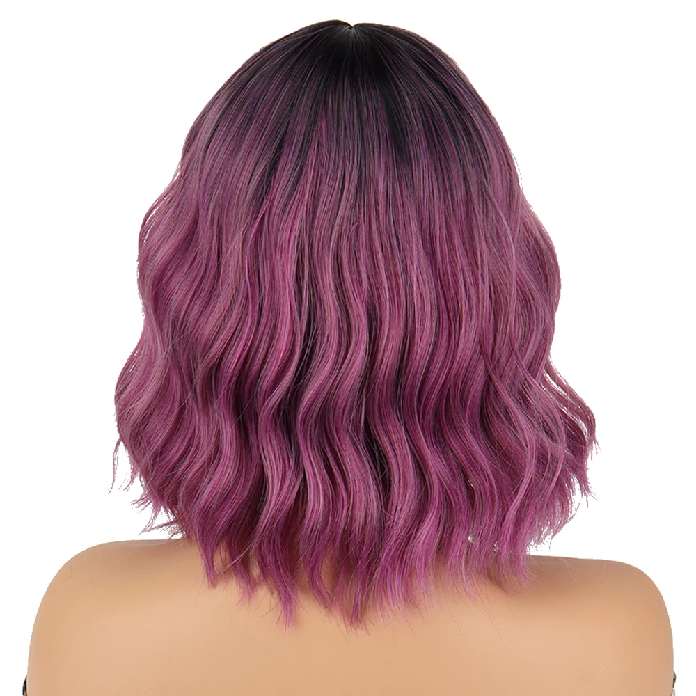 WERD Short Bob Wave Synthetic Wigs Purple Ombre For Women With Bangs Red Pink Black Synthet Natural Lolita wig