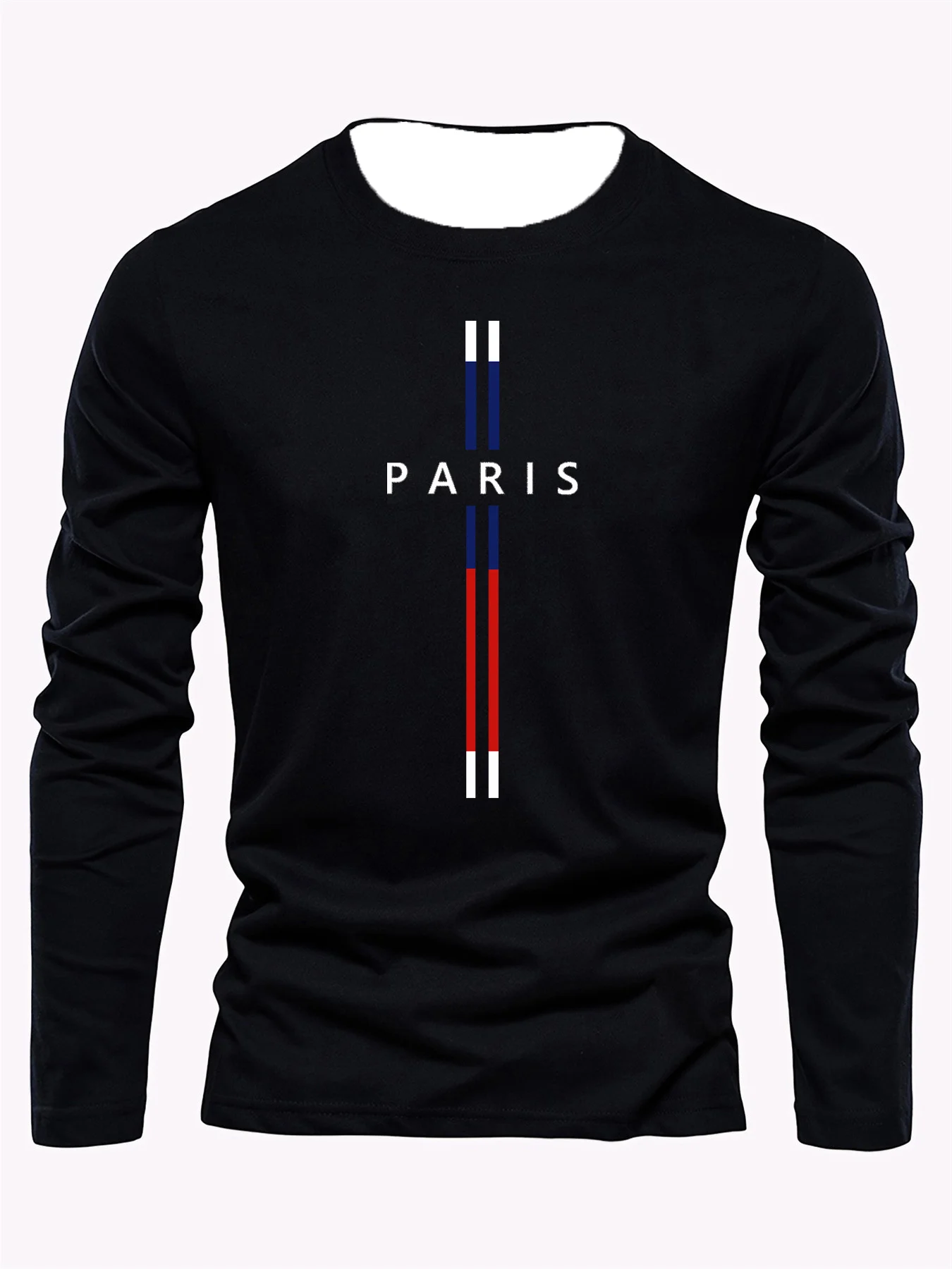 Men's Basic Loose And Comfortable Sports Casual Daily Parisian Letter Pattern Printed Round Neck Long Sleeved T-shirt Top