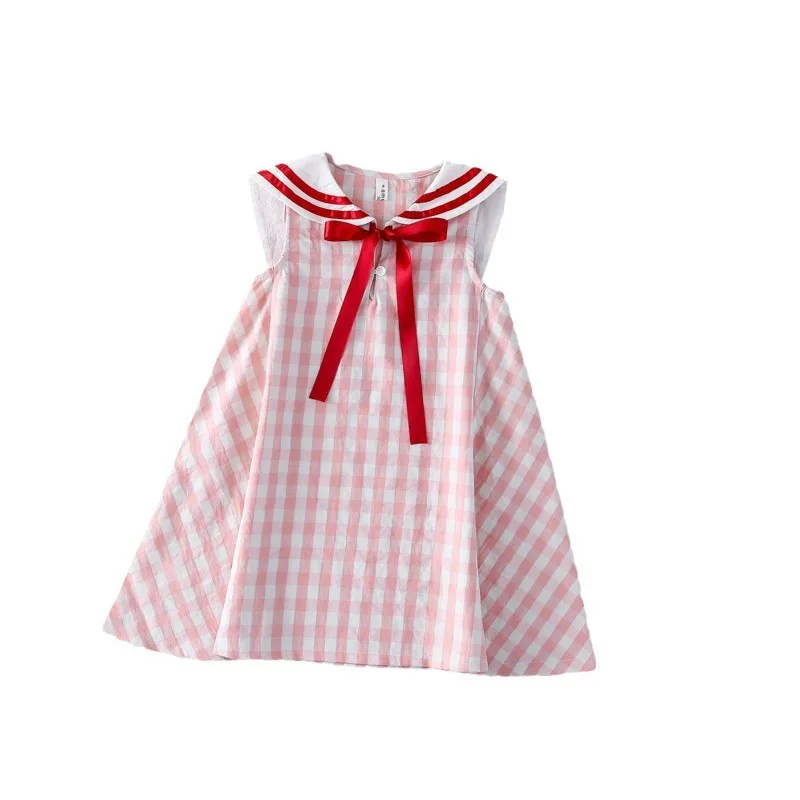 2024 Plaid Preppy Style Girl\'s Dress Sailor Collar Sleeveless Clothing Stripe with Lace Up Sweet Girl Kids Causal Vest Dresses