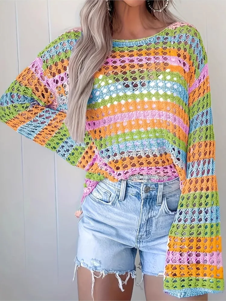 

Fashion Patchwork Knit Sweater Top For Women Casual O Neck Long Sleeve Pullover Sweaters Lady Spring Holiday Womens Clothing New
