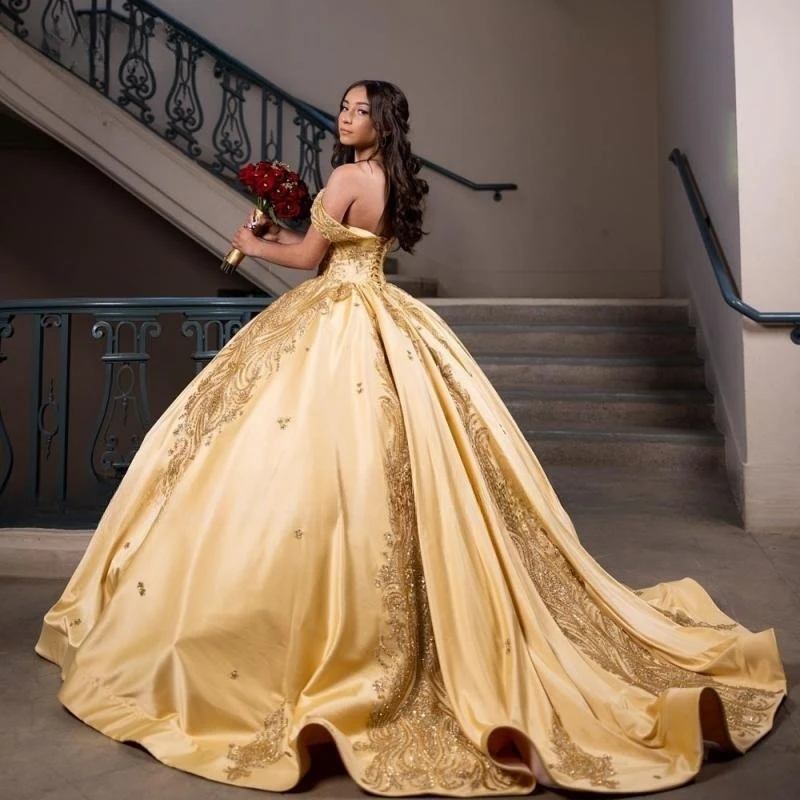 Robe de Princesse Quinceanera Dorée à Épaules Dénudées, Longue Jupe Bouffante, Cadeau de ixd'Anniversaire, Concours Formel, Doux, 15, 16 Ans, 2025