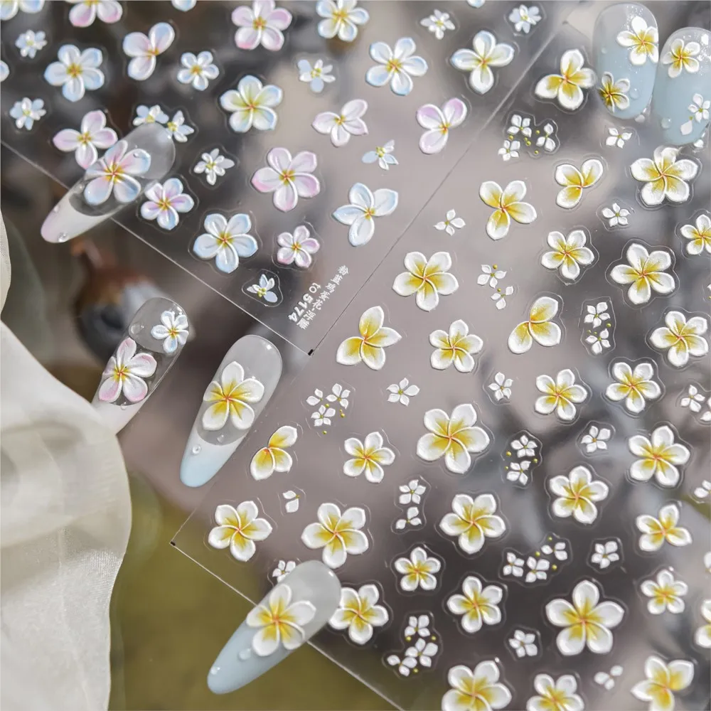 1pc 5D 노란색 흰색 Frangipani 꽃 네일 아트 데칼 양각 릴리프 5 꽃잎 꽃 네일 스티커 DIY 장식 매니큐어 슬라이더