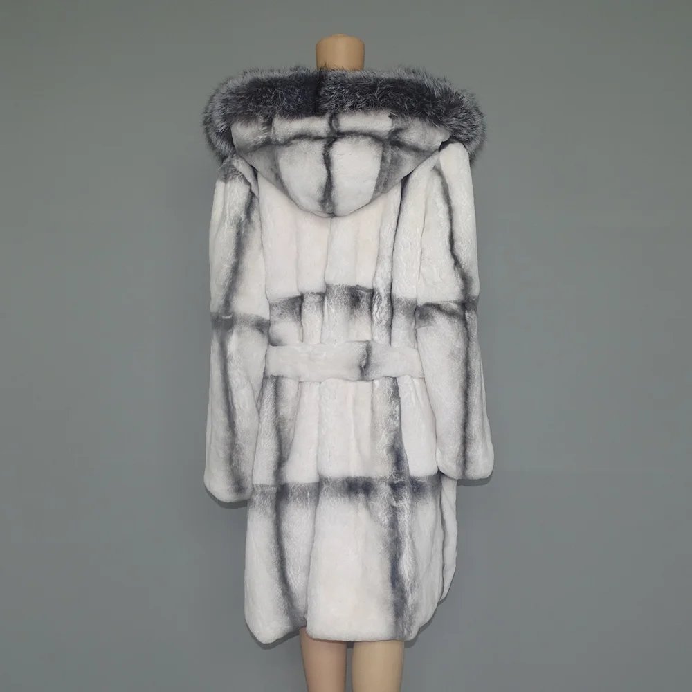 2023 Winter Women Real Fur Coat Chinchilla Rabbit Fur Jacket Large Silver Fox Fur Hooded Thick Warm Streetwear Luxury Outerwear