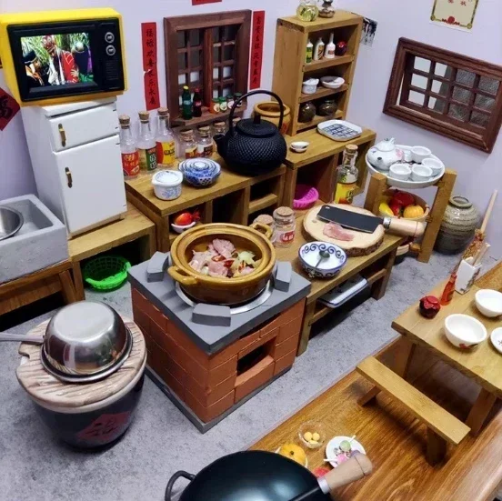 Doll House Miniature Kitchen Accessories Chinese Simulation Cooking Stove Cookware Model Miniature Tableware Seasoning Pot Bjd