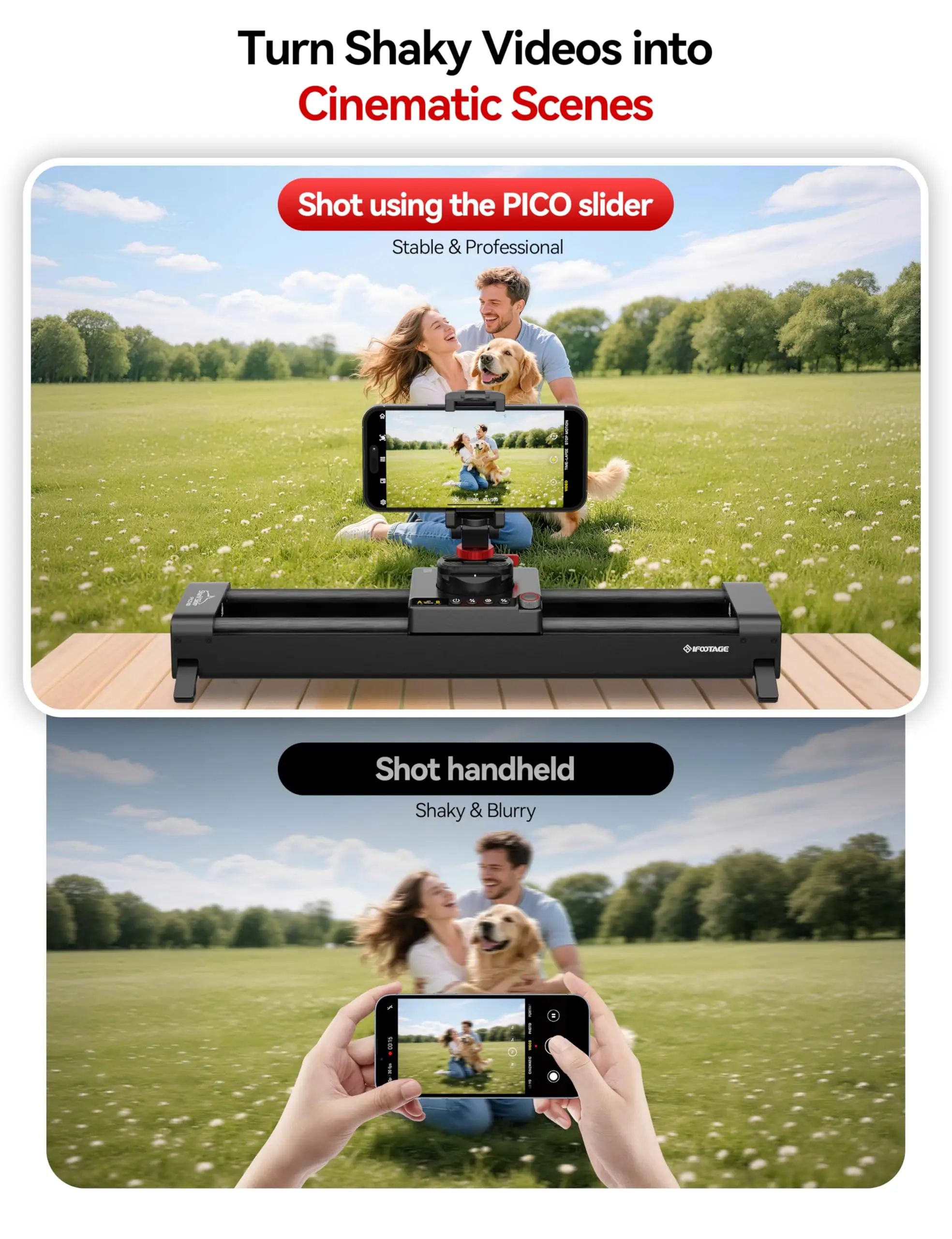 IFOOTAGE Shark Slider PICO PRO, 15.75'' Motorized Slider for DJI Pocket 3/4, Action Cameras and Smart Phones, Dual-Axis 360°