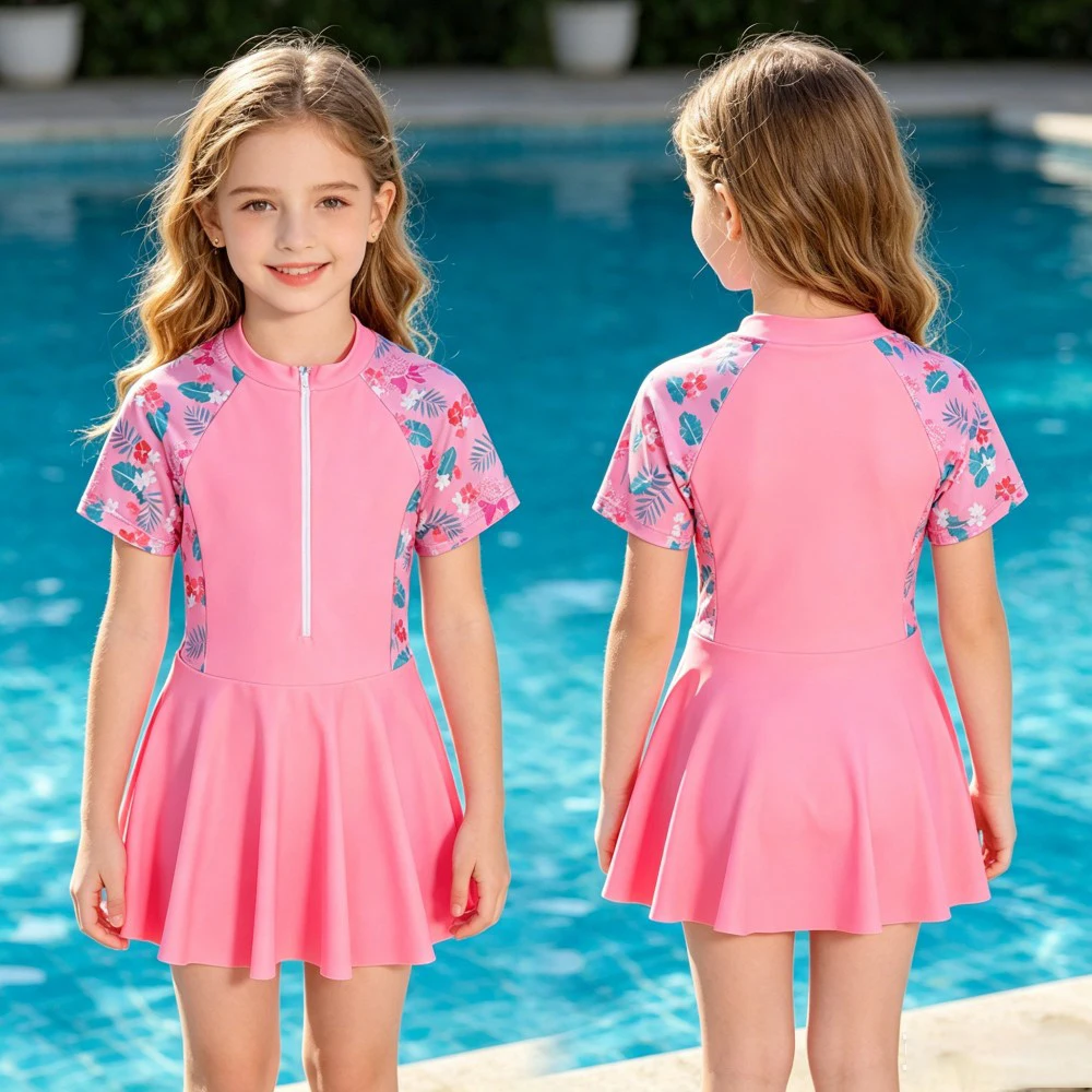 Girls Two Piece Flared Skirt Bathing Suit Children Short Sleeve Floral Print Swimwear Zipper Front Quick Dry Beach Pool Outfit
