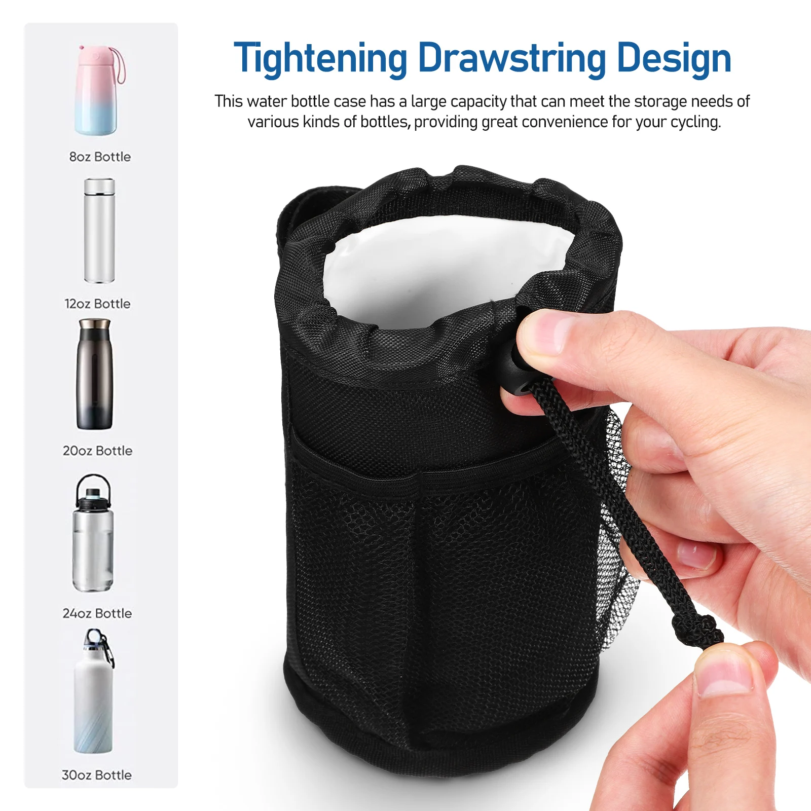 

Large Capacity Water Bottle Holder for Bike with 2 Mesh Pockets Adjustable Straps Drawstring Closure Cup Rack for Bicycle