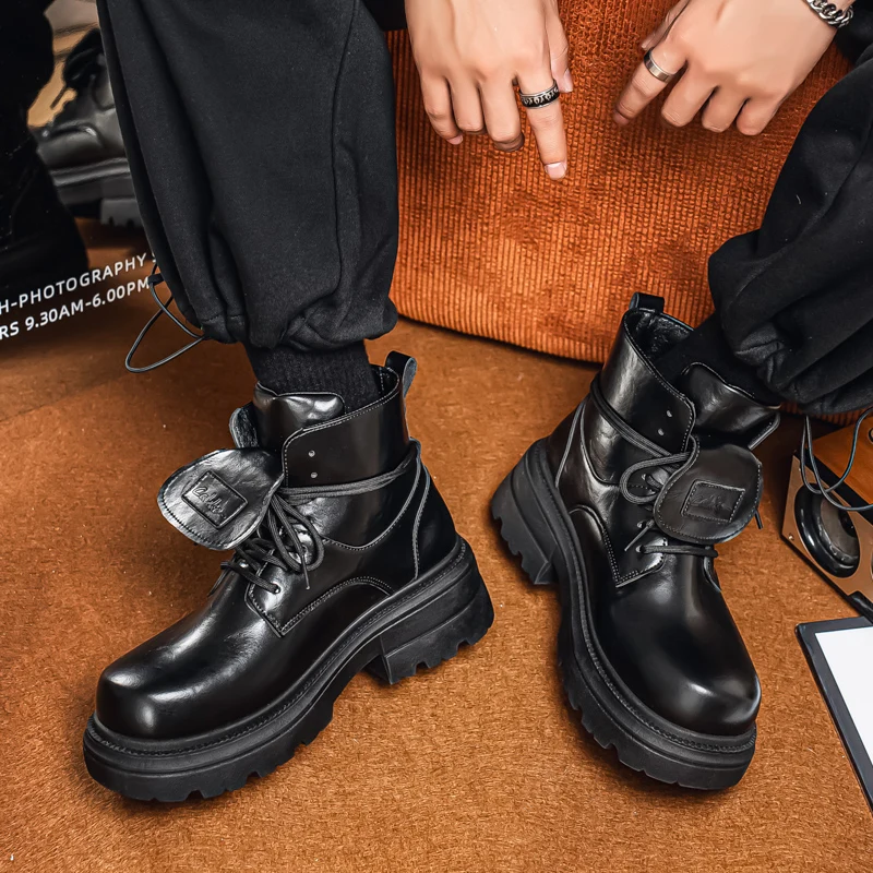 Men Black Leather Ankle Boots Lace Up Thick Lug Sole Square Toe Heightening Casual Fashion Outdoor Platform Short Boots view 5