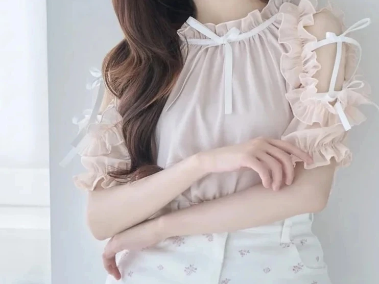

Japanese Sweet Heavywork Off-Shoulder Shirt with Bow Tie Summer Cute Girls Mesh Blouse Short Solid Color Versatile Tops