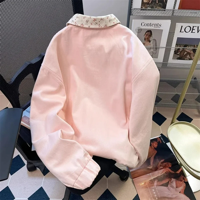 Sweet Preppy Pink Jacket Women Loose Casual Floral Fashion Button Coats Female Korean Long Sleeve Chic Button Student Outwear
