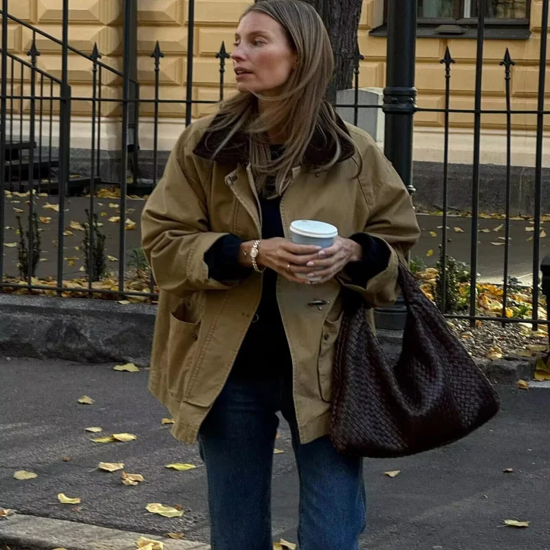 2025Veste en coton à col rabattu pour femmes, mode automne européenne et américaine, décontractée, ample et amincissante